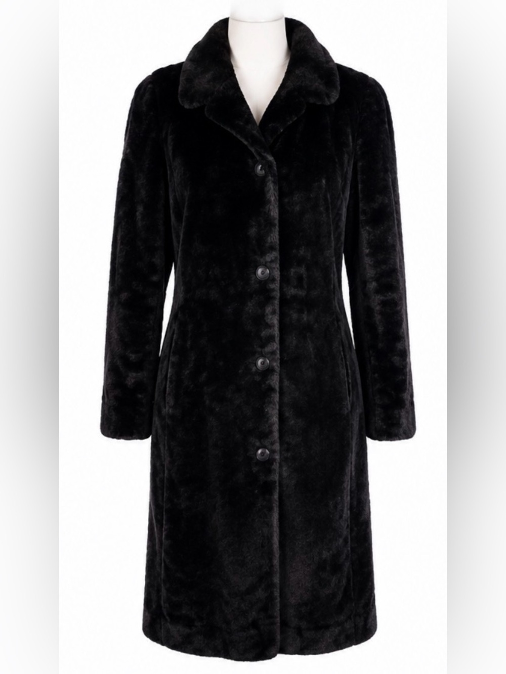 Black Faux Fur Fully Lined Coat Size Large Long Plush Winter Jacket